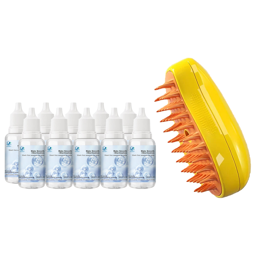 1 Steamy Pet Brush (yellow) & 10 Pet-Specific No-Rinse Shampoo - $35.99