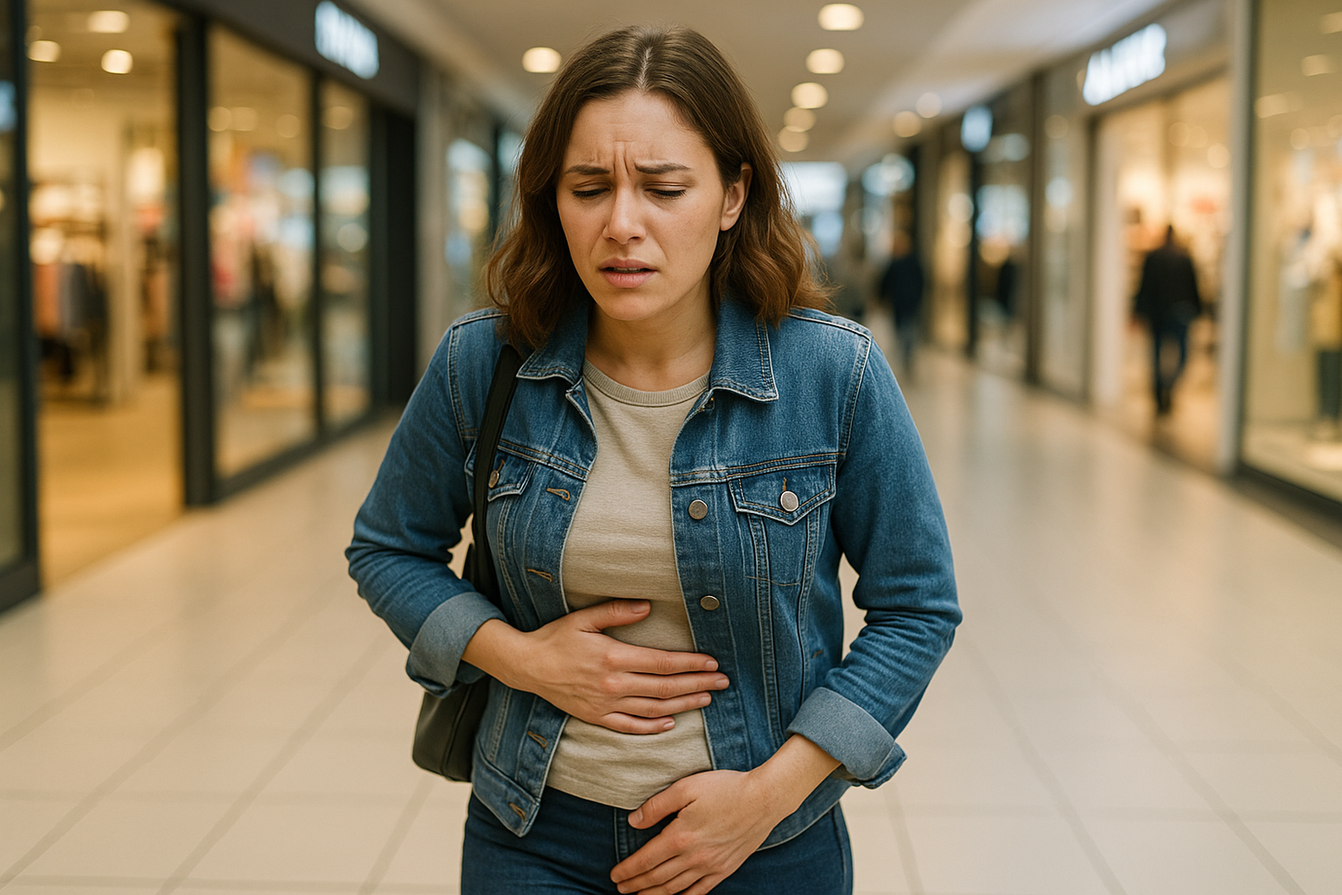 a lady feeling unwell, holding her stomach when she is walking in a shopping mall. 